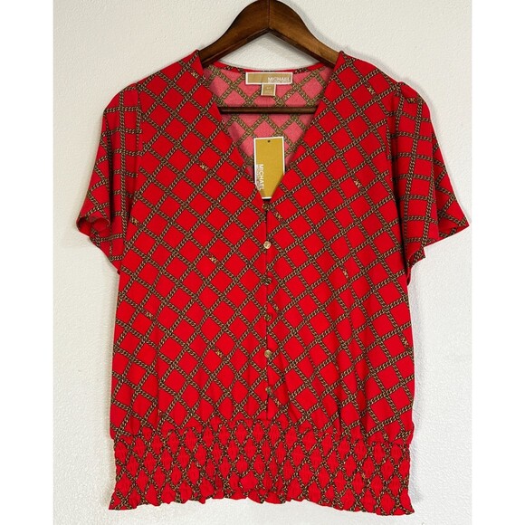 Michael Kors Womens Blouse Top Sea Coral Logo Print Chain V Neck Shirt Small - Picture 1 of 7
